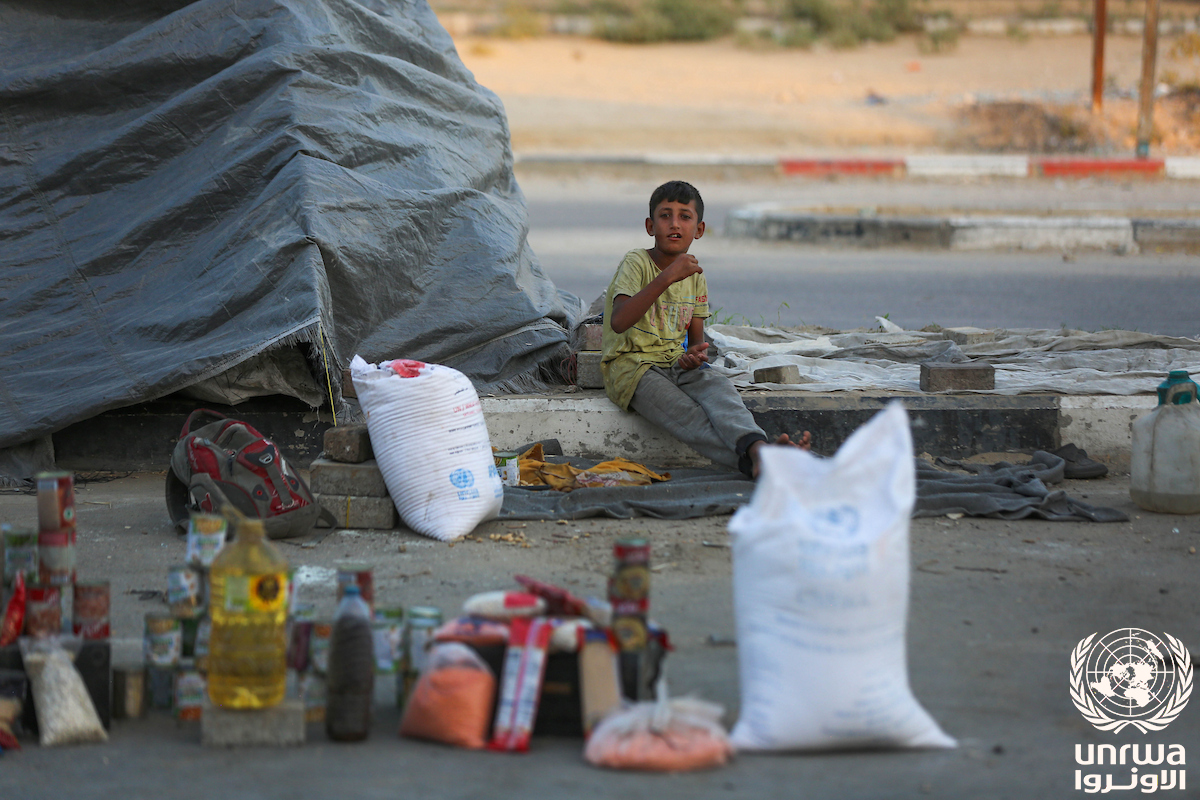 Displaced child sits in front of his tent, Deir el-Balah, Gaza Strip
